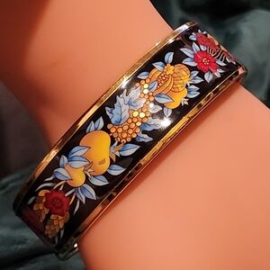 Hermes Black Enamel Bangle with Yellow, Blue and Red Floral Motif
